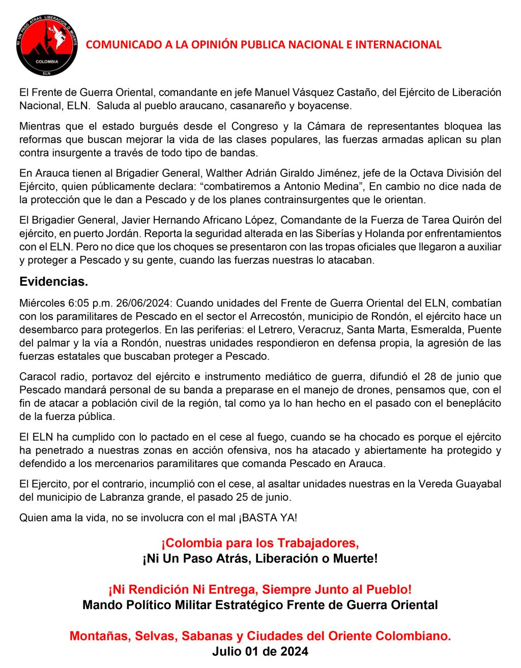 COMUNICADO A LA OPINIÓN PUBLICA NACIONAL E INTERNACIONAL