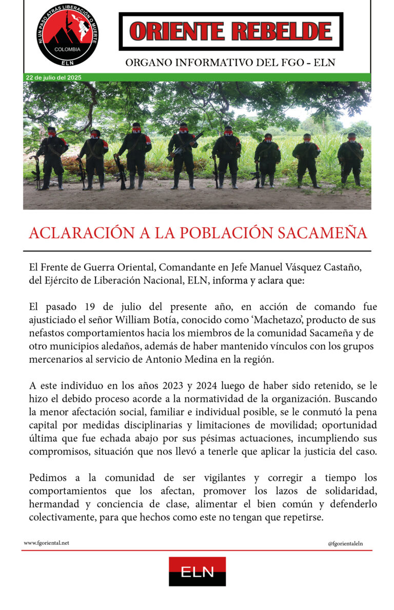 Aclaración a la población Sacameña
